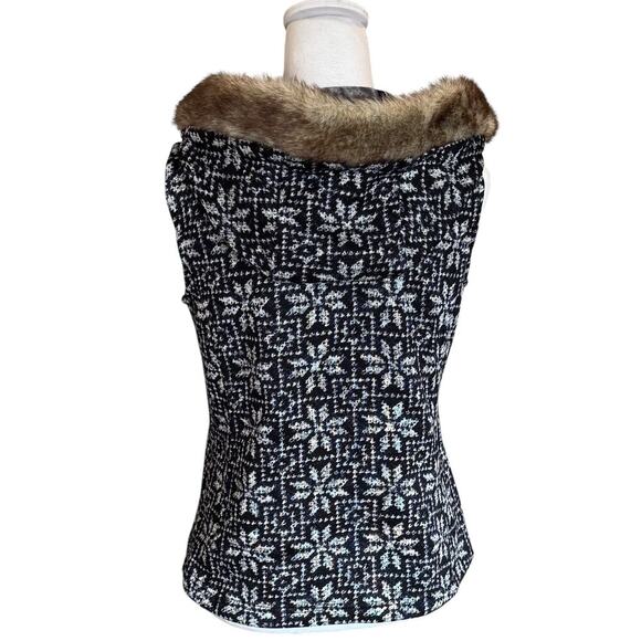 Talbots Blue Snowflake Sweater Vest  Size P Full Zip Hood with Faux Fur Trim - Picture 4 of 9